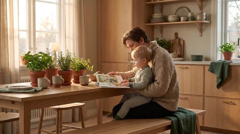 Barn og forælder har en rolig aftenstund med bog før sengetid