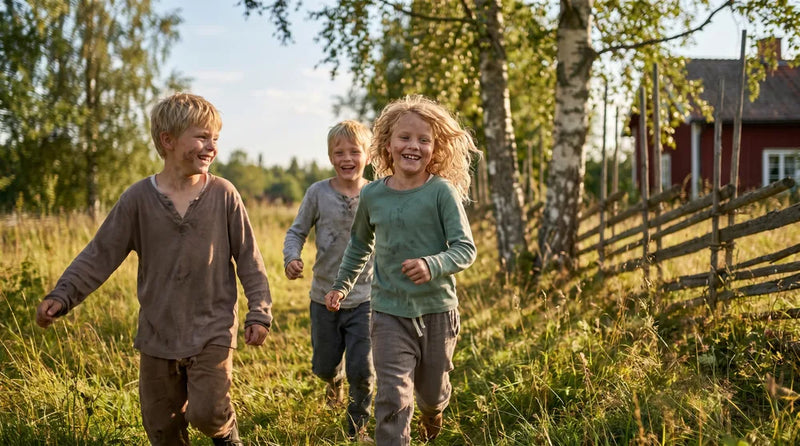 Børn leger udenfor i sommersolen i naturen med grin og leg