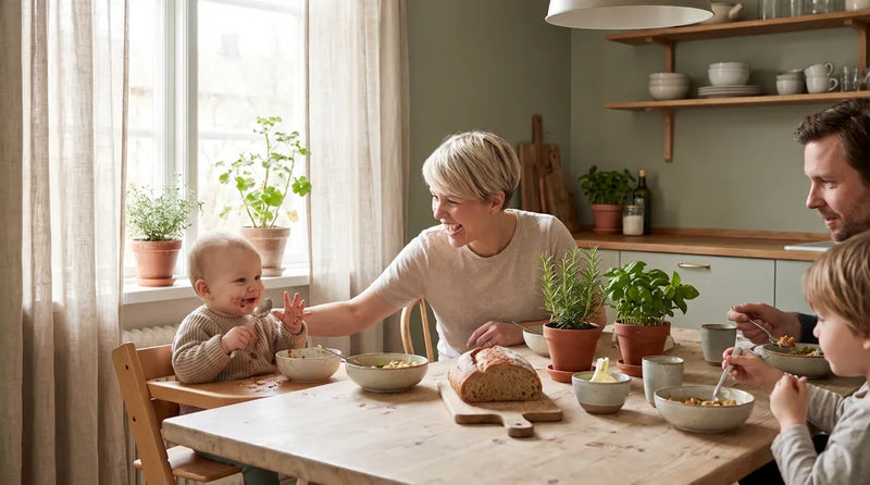 Baby sidder med ved familiebordet i høj stol under et fælles måltid