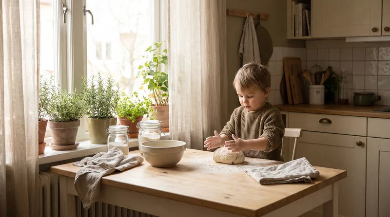 Barn ælter boldedej ved køkkenbordet med mel på hænderne
