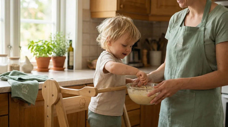 barn i mini family læringstårn hjælper til ved køkkenbordet