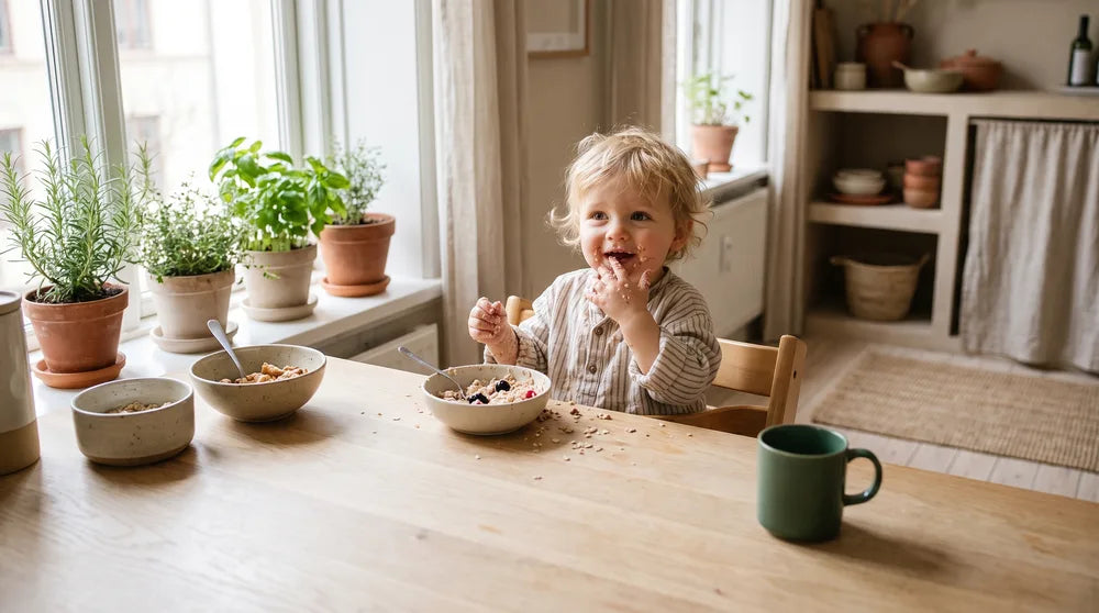 Etårigt barn sidder i høj stol og udforsker maden ved bordet