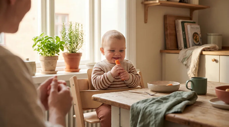 Baby griber selv et blødt stykke grøntsag i høj stol
