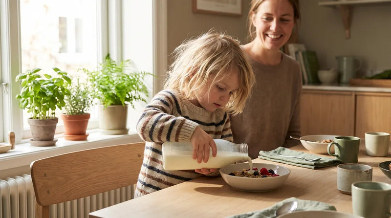 Barn hælder selv mælk på müsli ved morgenbordet
