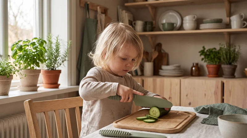 Barn snitter en agurk med en børnevenlig kniv på et skærebræt