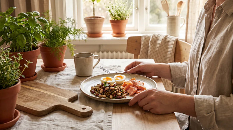 Tallerken med proteinrige alternativer til kød som æg, bælgfrugter og fisk