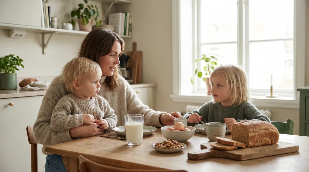 Allergener i mad til børn — mælk, æg, nødder og hvede på bord