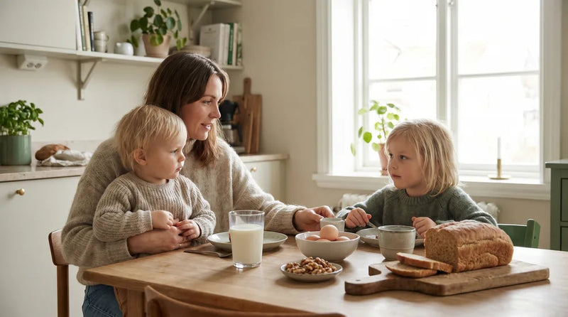 Allergener i mad til børn — mælk, æg, nødder og hvede på bord