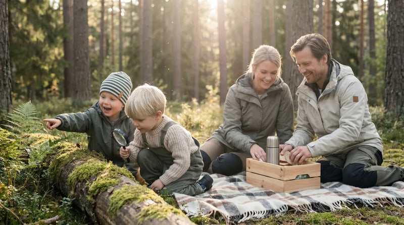 Familie på skovtur med børn der udforsker naturen gratis i ferien
