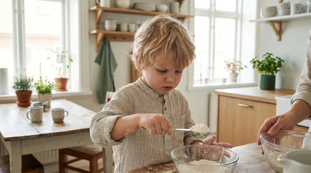 barn der måler mel med en måleske i et køkken og ser koncentreret ud