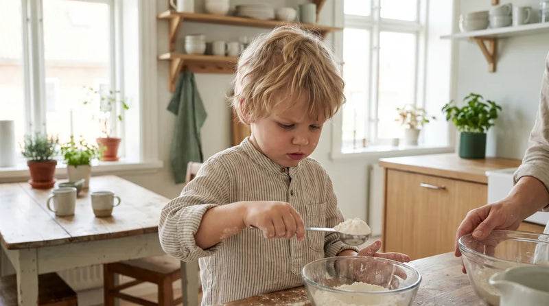 barn der måler mel med en måleske i et køkken og ser koncentreret ud