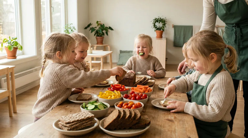 Børn spiser frokost ved et bord i børnehave med grøntsager og brød