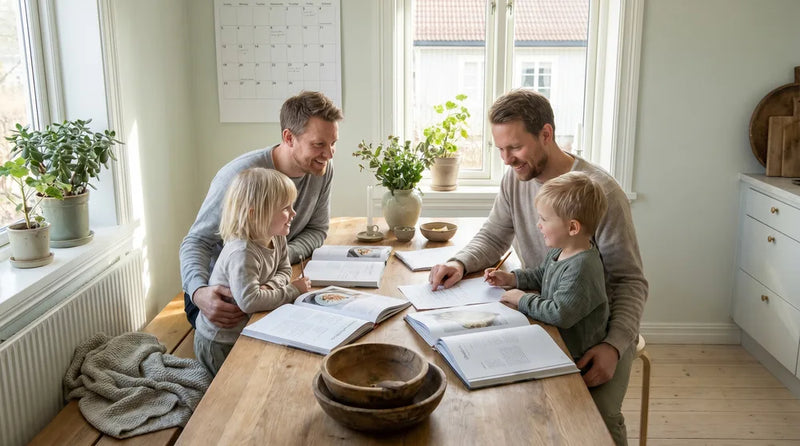 Familie planlægger ugens mad sammen — madplanlægning med børn