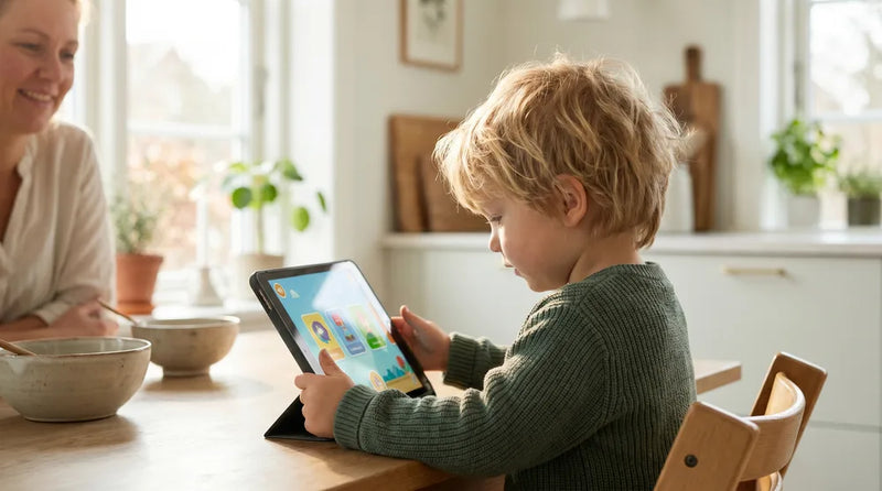 Barn bruger lærings-app på tablet — digitale læringsredskaber for børn