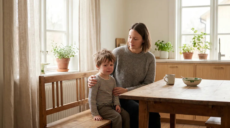 Forælder sidder roligt ved siden af frustreret barn og støtter det