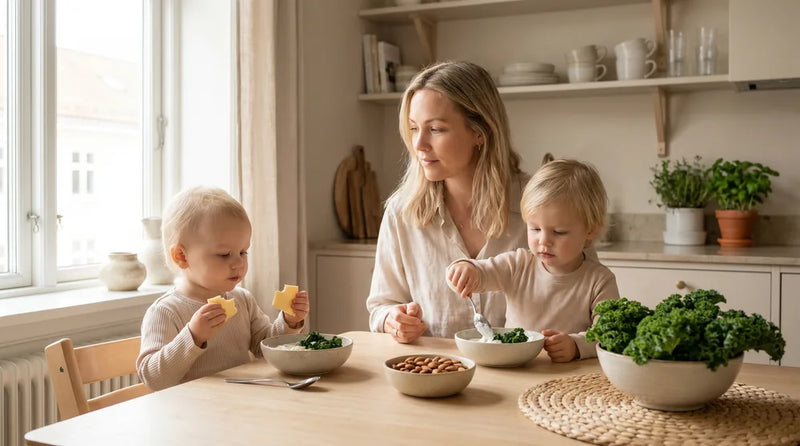 Kalciumrige fødevarer til børn: ost, yoghurt, grønkål og mandler