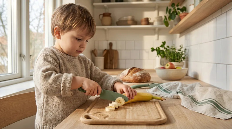 Barn skærer en banan med en sikker børnekniv på et skærebræt i køkkenet