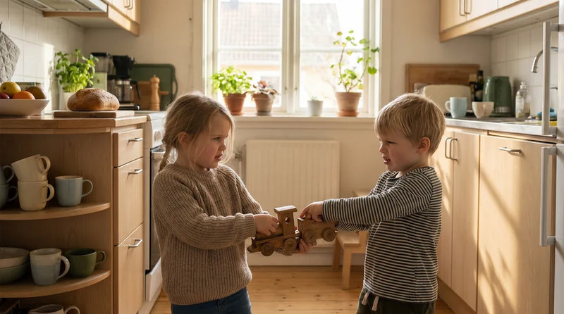 To søskende i en uenighed over legetøj i en almindelig hverdagssituation