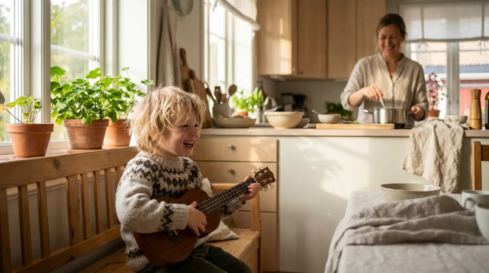 Barn spiller på et instrument og udforsker musik derhjemme med glæde