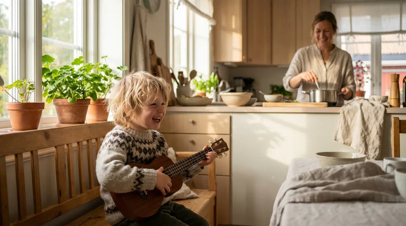 Barn spiller på et instrument og udforsker musik derhjemme med glæde