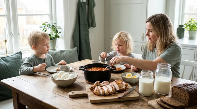 Proteinrige fødevarer til børn: æg, bønner, kød og mejeriprodukter på bord