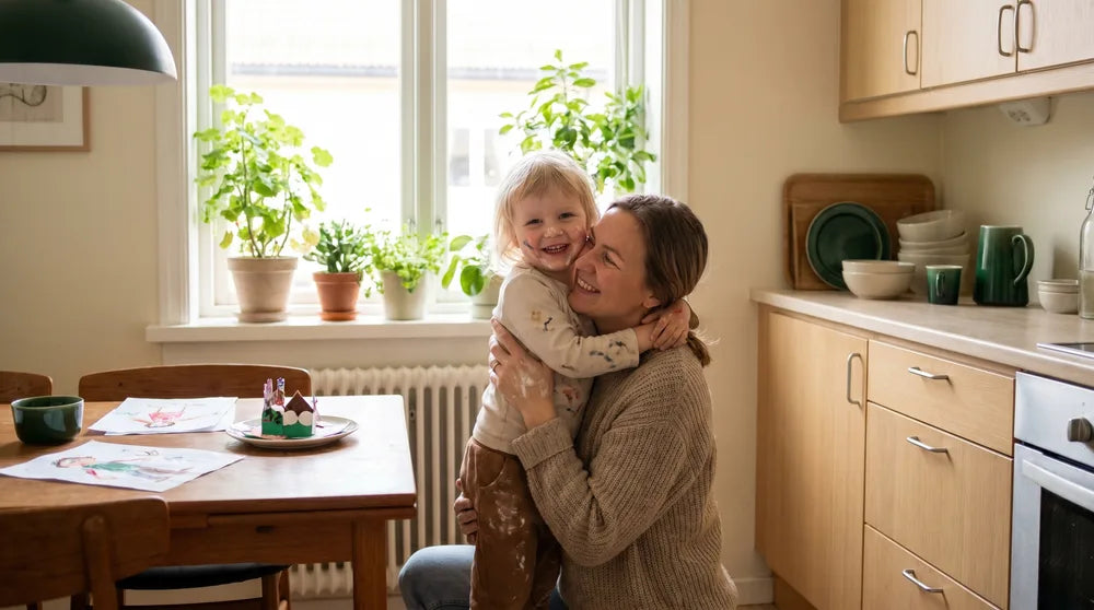 Forælder roser sit barn anerkendende efter en aktivitet derhjemme