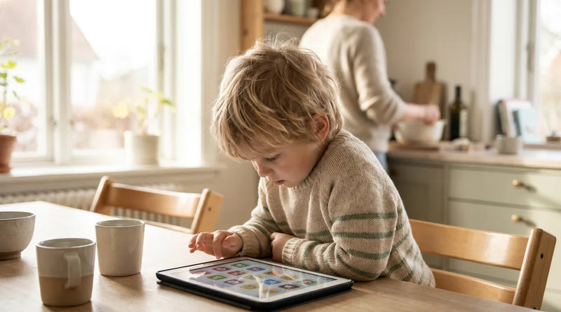Barn sidder med tablet og kigger på skærm — skærmtid og forskning