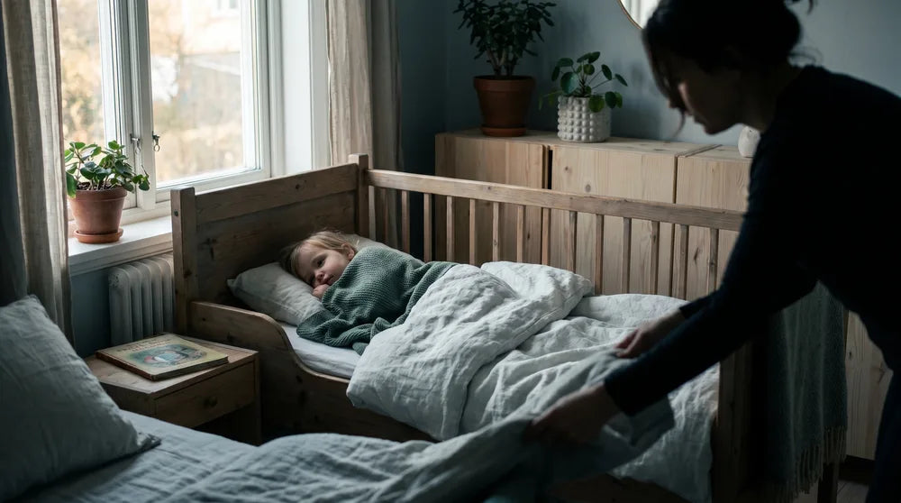 Barn sover fredeligt i mørkt og køligt soveværelse med fast søvnrutine