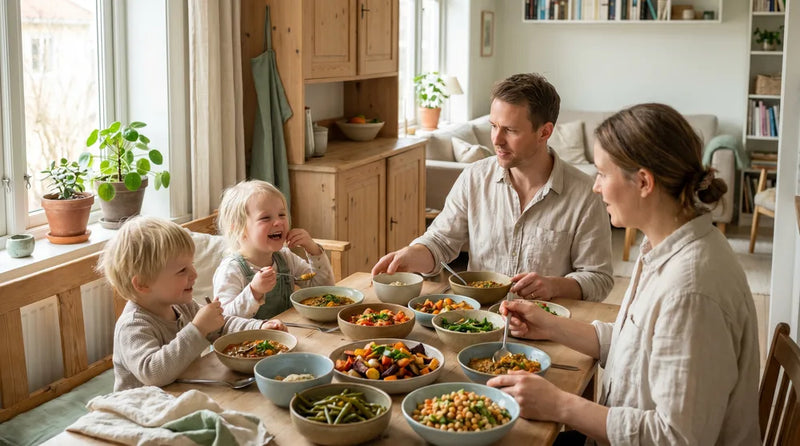 Vegetarisk mad til børn: bønner, linser, grøntsager og bælgfrugter i farverige skåle