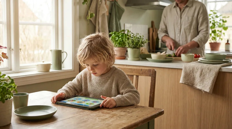 Barn bruger tablet — digital balance og skærmtid for børn