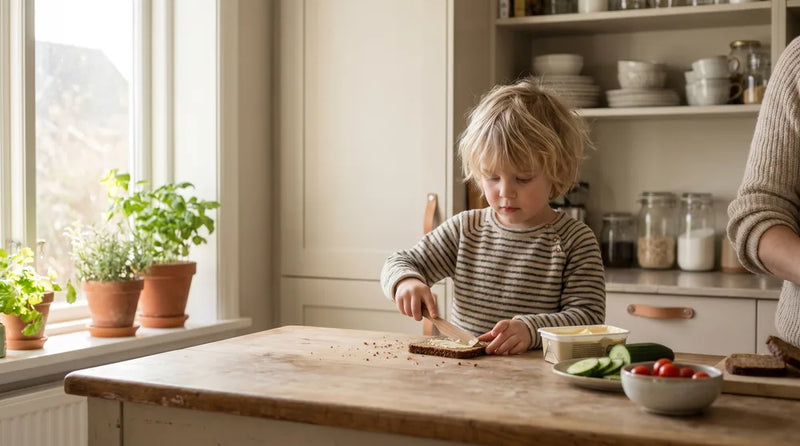 Barn smører rugbrød og laver sin egen frokost ved køkkenbordet