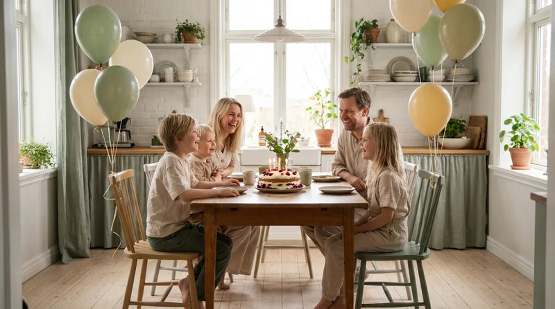 Børn fejrer fødselsdag med kage og balloner i glad stemning