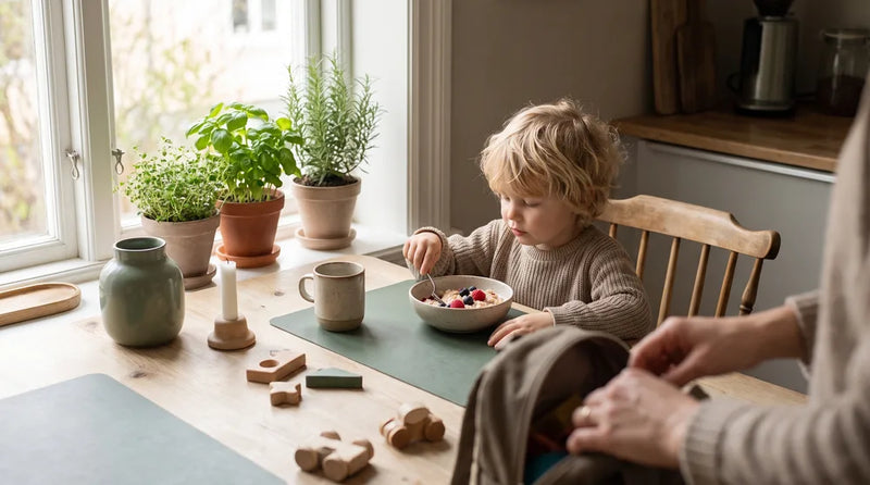 Barn spiser morgenmad og gør sig klar til dagen ved bordet