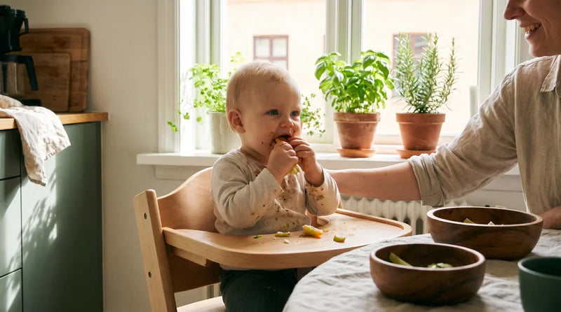 Baby sidder i høj stol og spiser selv bløde madstykker med hænderne