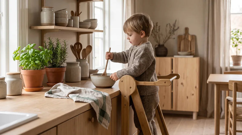 Treårigt barn står i læringstårn og rører i en skål ved køkkenbordet