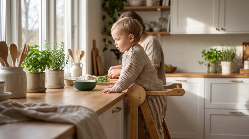 Lille barn står i et læringstårn ved køkkenbordet og kigger nysgerrigt med