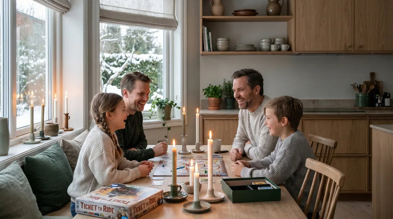 Familie hygger sammen indendørs om aftenen med stearinlys og brætspil