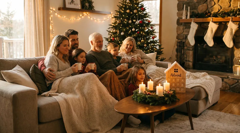 Familie hygger om julepynt og advent med stearinlys og varmt lys
