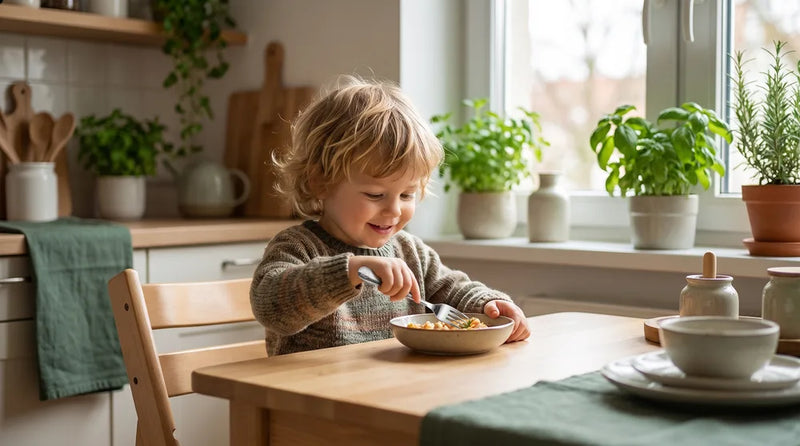 Barn spiser selv med gaffel ved spisebordet i et lyst hjem