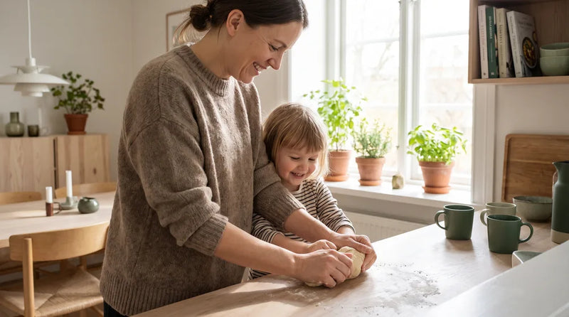 Forælder og barn har en nær stund sammen i hverdagen
