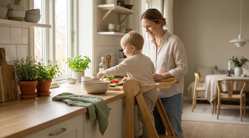 MINI Family læringstårn i træ ved køkkenbordet i lyst køkken