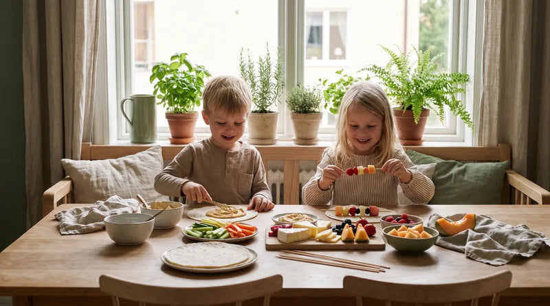 Barn laver selv wraps og frugtspyd ved køkkenbordet uden brug af komfur