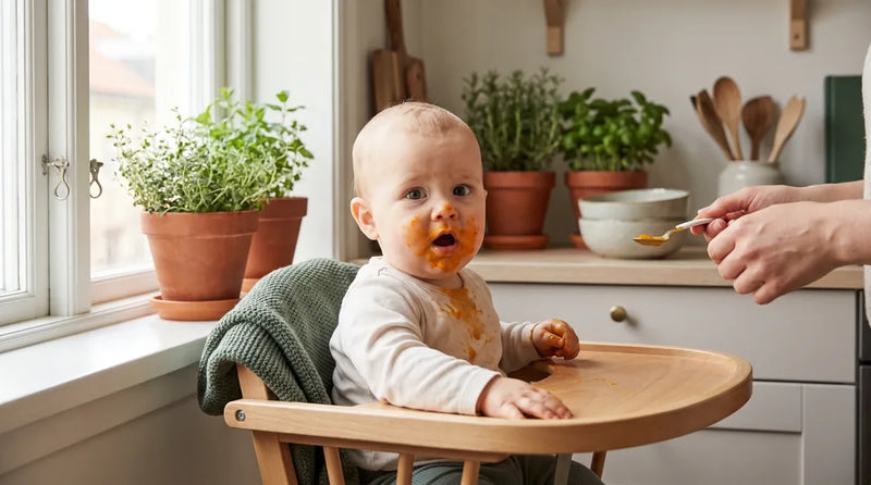Baby smager på blød grøntsagsmos i høj stol for første gang