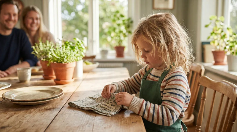 Barn på 4 år hjælper med at dække bord og folder servietter selvstændigt