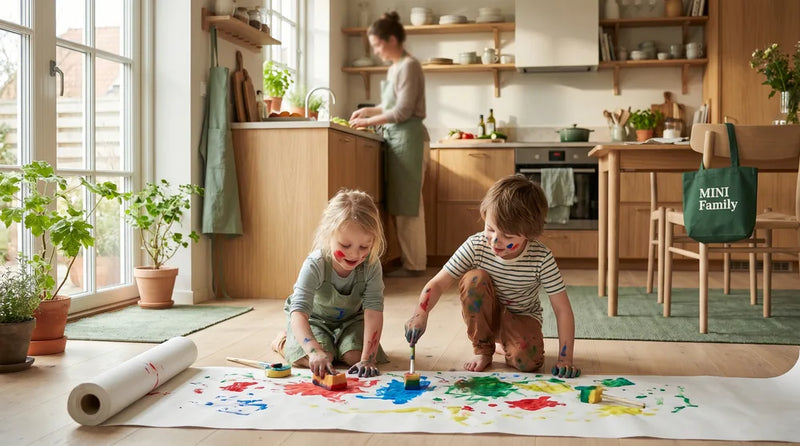 Børn på 4 og 6 år maler på stort ark papir på gulvet med farverige temperafarver