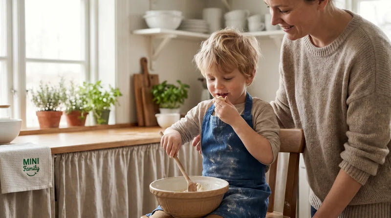 Barn på 4 år rører i skål og smager på dejen mens forælder ser på