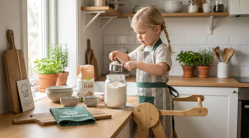 Barn på 4 år måler mel i målebæger ved køkkenbord — læringstårn giver adgang i korrekt højde