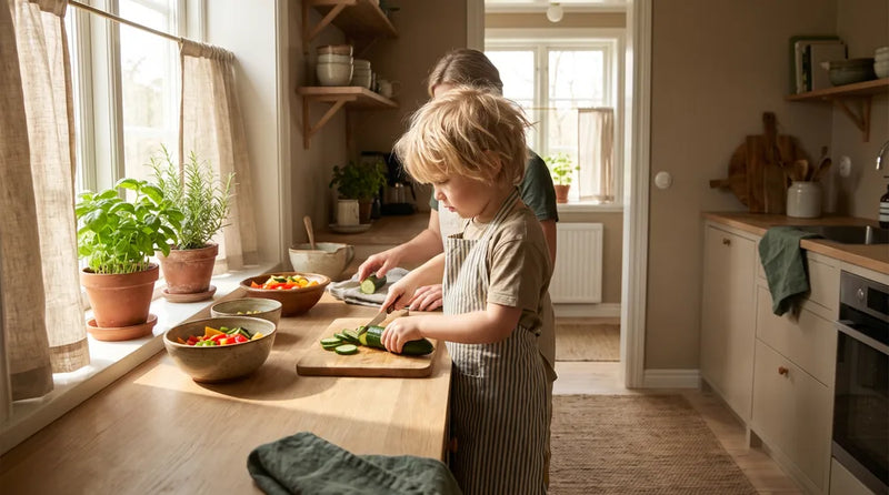 Barn forbereder selv grøntsager ved køkkenbordet i en montessori-inspireret hverdag