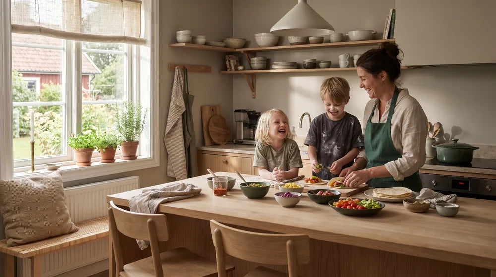 Barn er med til at lave aftensmad ved køkkenbordet og fylder tacos