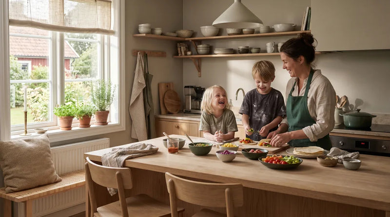 Barn er med til at lave aftensmad ved køkkenbordet og fylder tacos